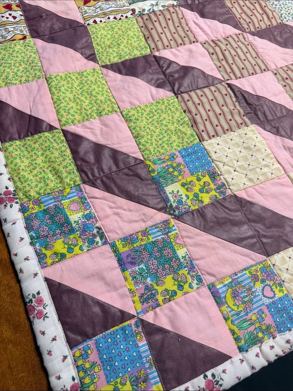 Handmade Pink and Plum Patchwork Quilt - Cozy Home Bedding - 3’ x 5’